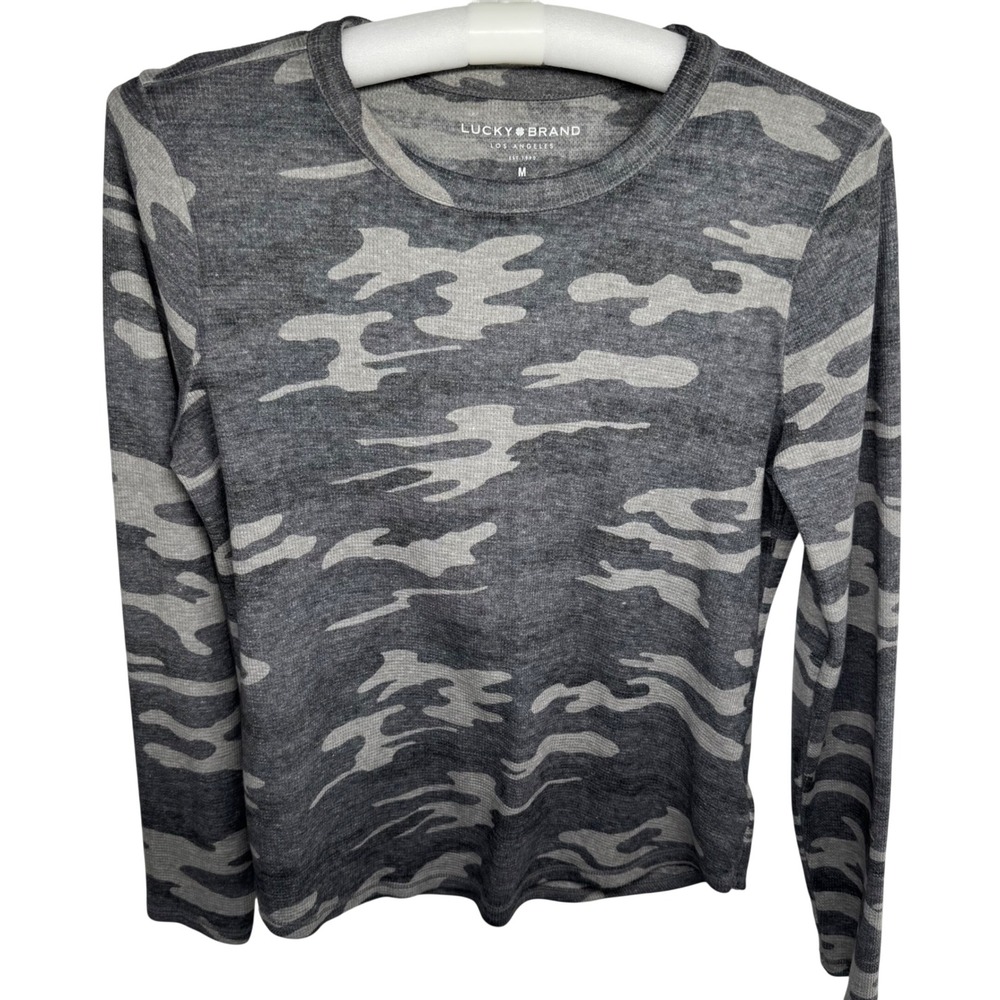 Lucky Brand Womens Grey Camo Waffle Knit Long Sleeve Thermal Top Medium